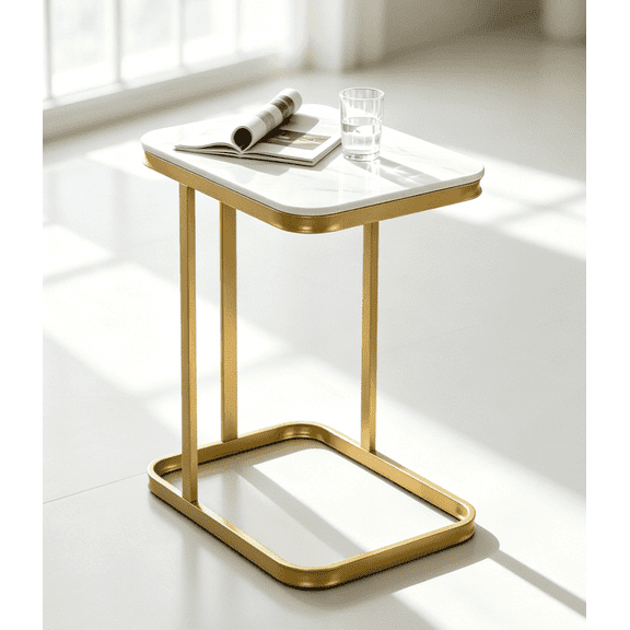 Gold Faux Marble C Shaped Side Table, Slide Under Sofa Narrow End Table 201424 Inch, Space Saving Small Couch Bedside Table for Small Space Apartment Living Room Bedroom
