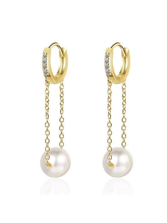 Gold Faux Pearl Chain Drop Hoop Earrings for Women Cartilage Cubic Zirconia Pearls Small Huggie Hoops Dangle Earring