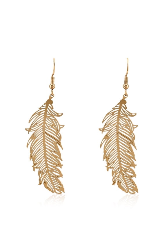 Gold Feather Leaf Drop Dangle Earrings for Women, Handmade Long Earrings Hypoallergenic Plant Earrings for Gift