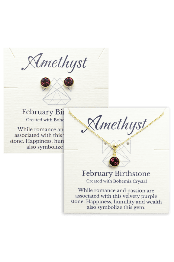 Gold February Birthstone Necklace and Stud Earrings Set with Bohemian Crystals, 14K Gold Plated, Birthday Month Gift, Great for Mom.