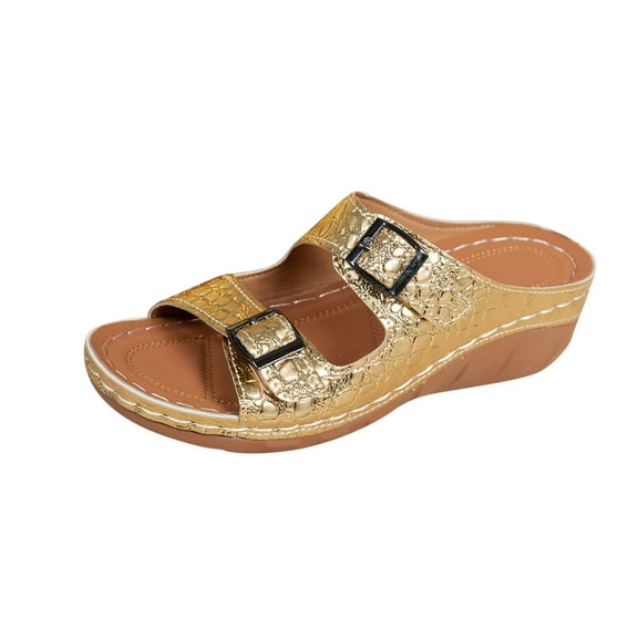 Gold Feminine Everyday Slippers With 2.2 Inch Heel And Round Toe Perfect For Home Use And Casual Outings
