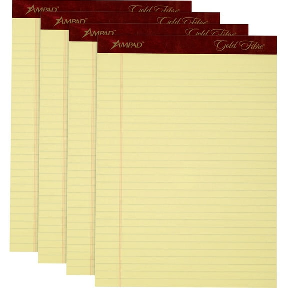 Gold Fibre Writing Pads, Wide/legal Rule, 50 Canary-Yellow 8.5 X 11.75 Sheets, 4/pack | Bundle of 5 Packs