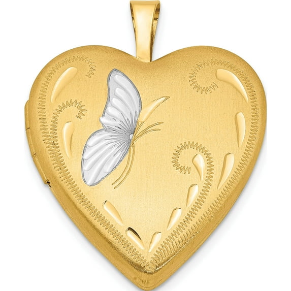 Gold Filled 14/20 1/20 & White Rhodium Satin Butterfly 19mm Heart Locket (25.15 X 19.65) Made In Hong Kong qls110