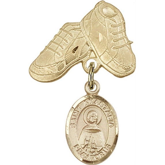 Gold Filled Baby Badge with St. Anastasia Charm and Baby Boots Pin 1 X 5/8 inches