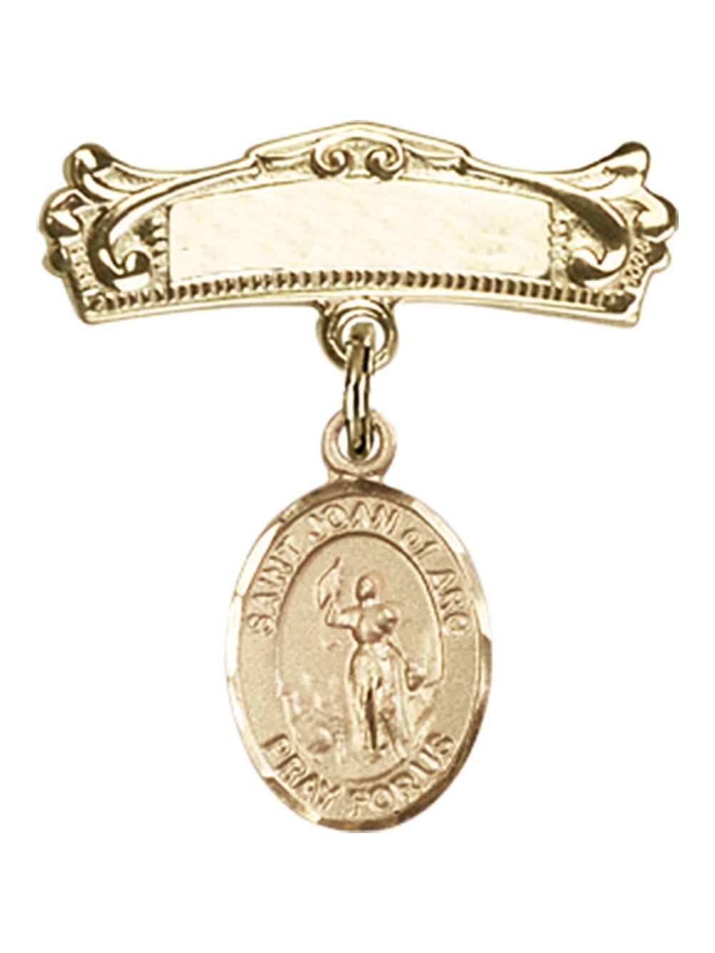 Gold Filled Baby Badge with St. Joan of Arc Charm and Arched Polished Badge Pin 7/8 X 3/4 inches
