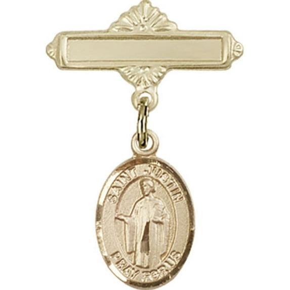 Gold Filled Baby Badge with St. Justin Charm and Polished Badge Pin 1 X 5/8 inches