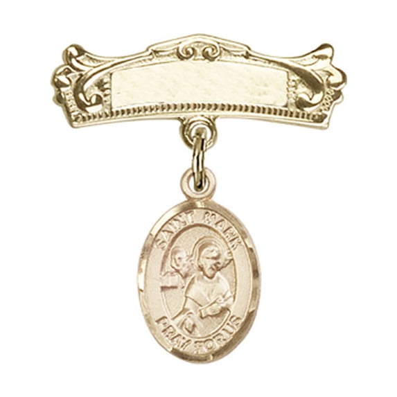 Gold Filled Baby Badge with St. Mark the Evangelist Charm and Arched Polished Badge Pin 7/8 X 3/4 inches