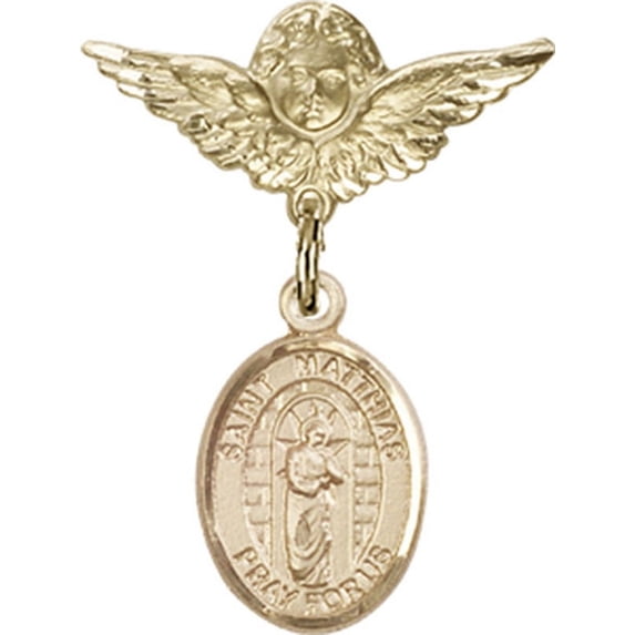 Gold Filled Baby Badge with St. Matthias the Apostle Charm and Angel w/Wings Badge Pin 1 X 3/4 inches