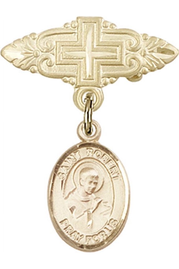 Gold Filled Baby Badge with St. Robert Bellarmine Charm and Badge Pin with Cross 1 X 3/4 inches