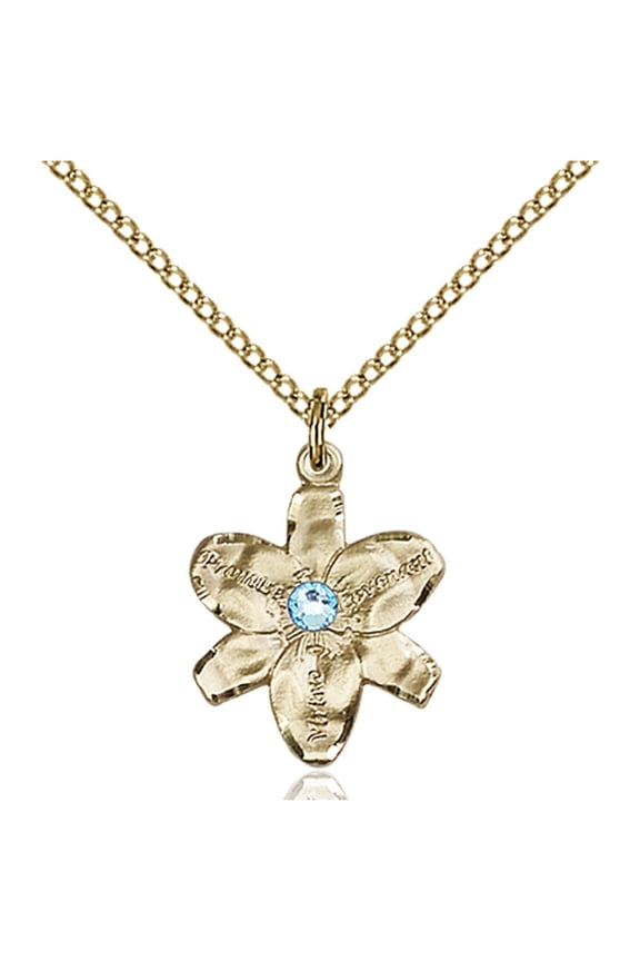 Gold Filled Chastity Pendant with 3mm March Blue Swarovski Crystal 5/8 x 1/2 inches with Gold Filled Lite Curb Chain