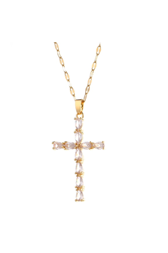 Gold Filled Clear Multi Cut CZ Gemstone Cross Pendant Necklace Unique Statement Lightweight Jewelry Delicate Design For Women