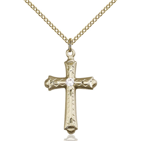 Gold Filled Cross Pendant with 3mm April Swarovski Crystal 1 1/8 x 5/8 inches with Gold Filled Lite Curb Chain