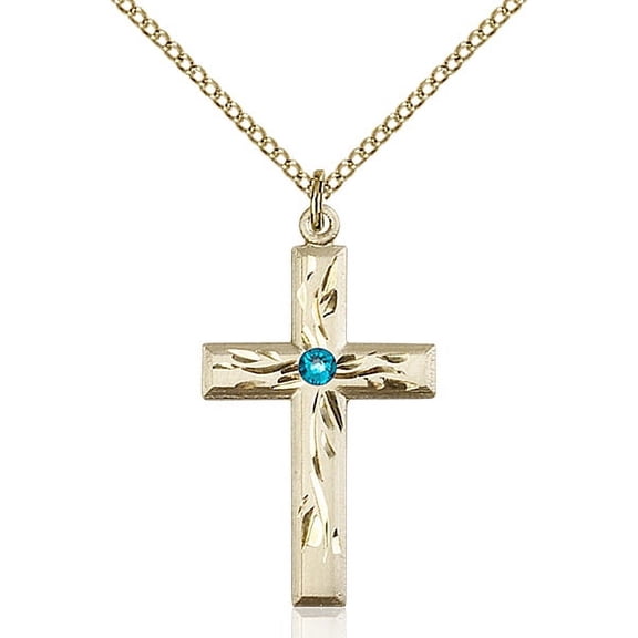 Gold Filled Cross Pendant with 3mm December Blue Swarovski Crystal 1 1/8 x 5/8 inches with Gold Filled Lite Curb Chain