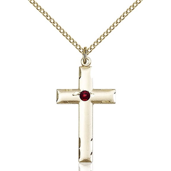 Gold Filled Cross Pendant with 3mm January Red Swarovski Crystal 1 1/8 x 5/8 inches with Gold Filled Lite Curb Chain