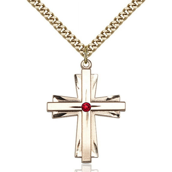 Gold Filled Cross Pendant with 3mm July Red Swarovski Crystal 1 1/4 X 7/8 inches with Heavy Curb Chain