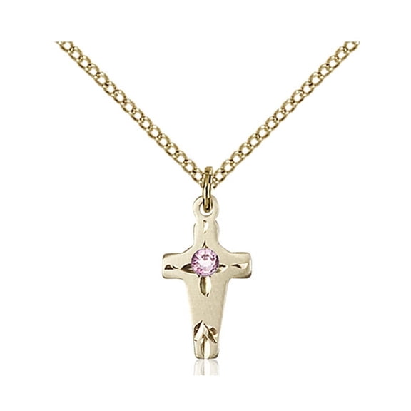 Gold Filled Cross Pendant with 3mm Light February Purple Swarovski Crystal 5/8 x 3/8 inches with Gold Filled Lite Curb Chain