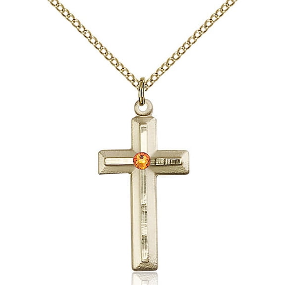 Gold Filled Cross Pendant with 3mm November Yellow Swarovski Crystal 1 1/8 x 1/2 inches with Gold Filled Lite Curb Chain