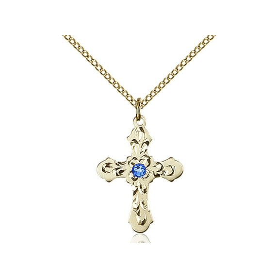Gold Filled Cross Pendant with 3mm September Blue Swarovski Crystal 7/8 x 5/8 inches with Gold Filled Lite Curb Chain