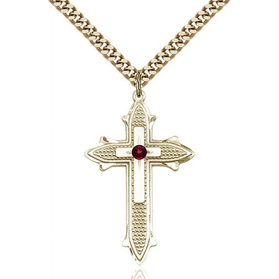 Gold Filled Cross on Cross Pendant with 3mm January Red Swarovski Crystal 1 3/8 X 3/4 inches with Heavy Curb Chain
