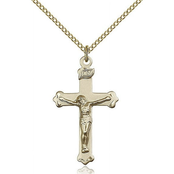 Gold Filled Crucifix Pendant 1 1/8 x 5/8 inches with Gold Filled Lite Curb Chain