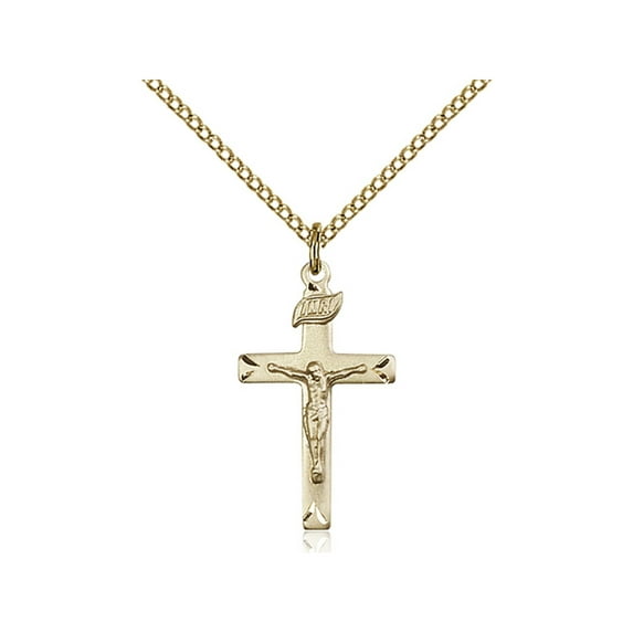 Gold Filled Crucifix Pendant 7/8 x 1/2 inches with Gold Filled Lite Curb Chain