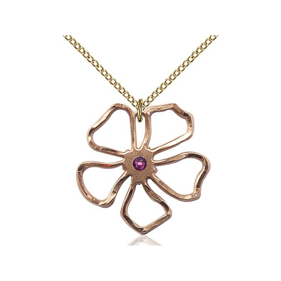 Gold Filled Five Pedal Flower Pendant w/ 3mm February Purple Swarovski Crystal 1 x 1 inches w/ 18 inch Gold Filled Curb Chain