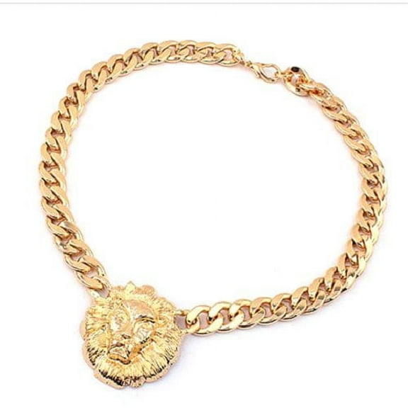 Gold Filled Flat Chain Choker Lion Head Pendant Necklace