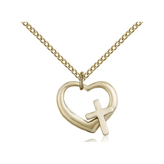 Gold Filled Heart / Cross Pendant 1/2 x 1/2 inches with Gold Filled Lite Curb Chain