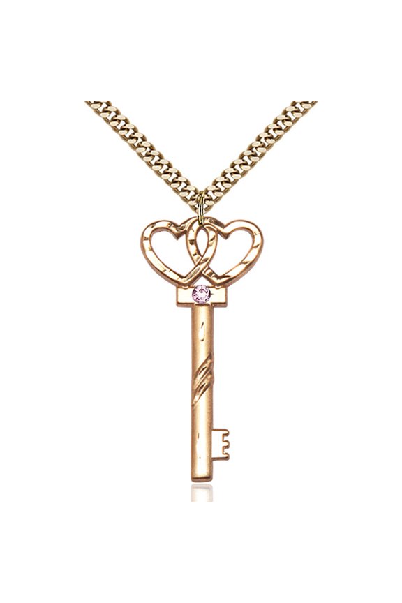 Gold Filled Key w/Double Hearts Pendant w/ 3mm Light February Purple Swarovski Crystal 1 1/2 X 5/8 inches w/ Heavy Curb Chain