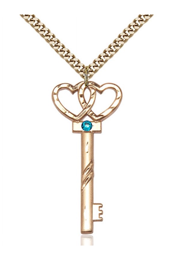 Gold Filled Key w/Double Hearts Pendant with 3mm December Blue Swarovski Crystal 1 1/2 X 5/8 inches with Heavy Curb Chain