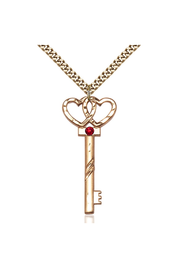Gold Filled Key w/Double Hearts Pendant with 3mm July Red Swarovski Crystal 1 1/2 X 5/8 inches with Heavy Curb Chain