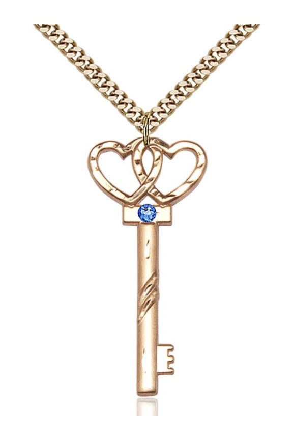 Gold Filled Key w/Double Hearts Pendant with 3mm September Blue Swarovski Crystal 1 1/2 X 5/8 inches with Heavy Curb Chain