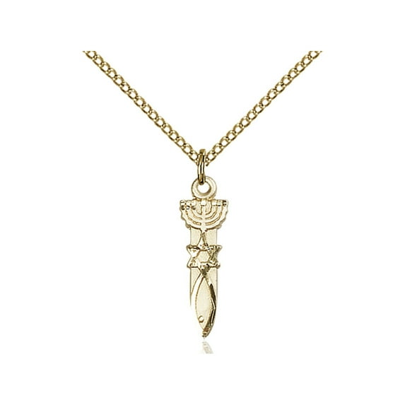 Gold Filled Menorah / Star / Fish Pendant 3/4 x 1/4 inches with Gold Filled Lite Curb Chain