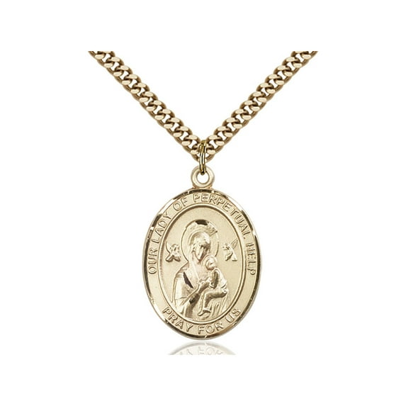 Gold Filled Our Lady of Perpetual Help Pendant 1 x 3/4 inches with Heavy Curb Chain