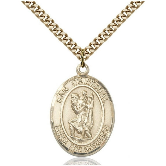 Gold Filled San Cristobal Pendant 1 x 3/4 inches with Heavy Curb Chain