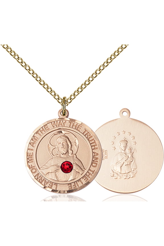 Gold Filled Scapular Pendant with 3mm July Red Swarovski Crystal 3/4 x 5/8 inches with 18 inch Gold Filled Curb Chain