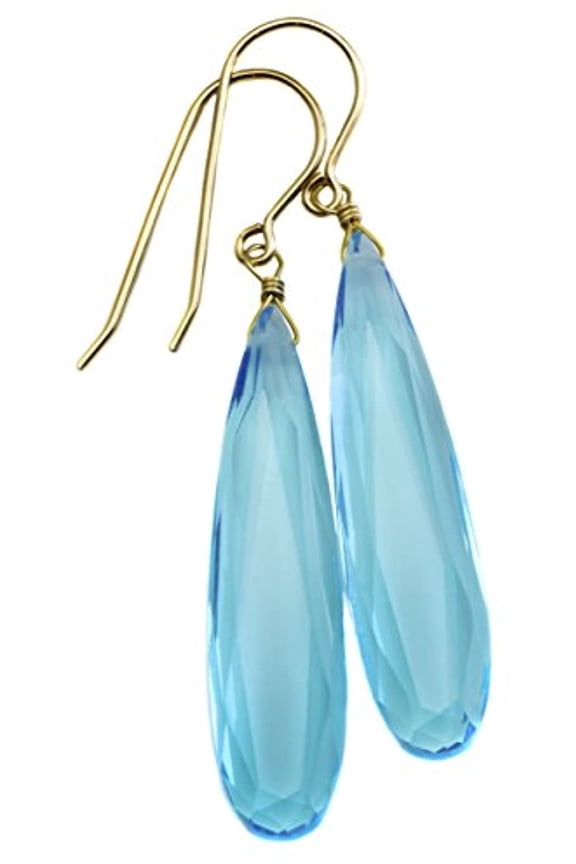 Gold Filled Simulated Aqua Blue Aquamarine Earrings Long Narrow Faceted Teardrops Drops 2 Inch for Adult Women