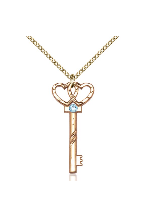 Gold Filled Small Key w/Double Hearts Pendant w/ 3mm March Blue Swarovski Crystal 1 1/4 X 1/2 inches w/ 18 inch Curb Chain