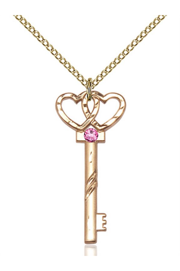 Gold Filled Small Key w/Double Hearts Pendant w/ 3mm October Rose Swarovski Crystal 1 1/4 X 1/2 inches w/ 18 inch Curb Chain
