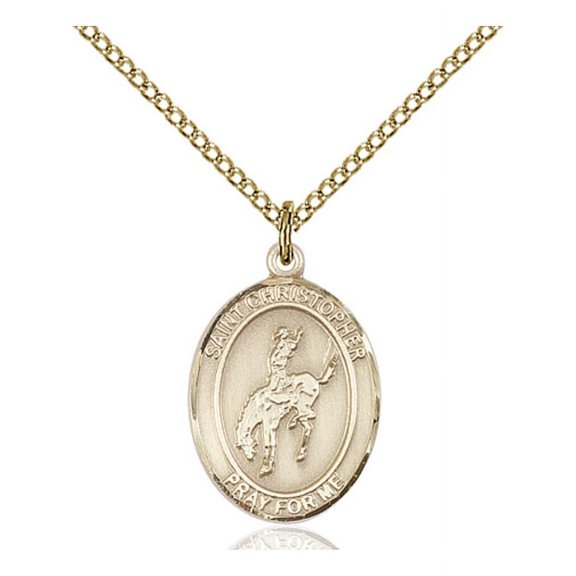 Gold Filled St. Christopher / Rodeo Pendant 3/4 x 1/2 inches with Gold-Filled Lite Curb Chain