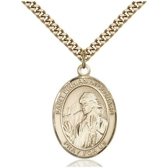 Gold Filled St. Finnian of Clonard Pendant 1 x 3/4 inches with Heavy Curb Chain