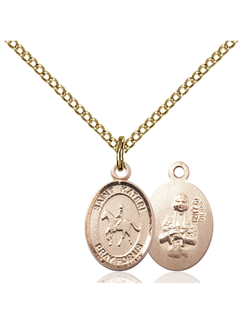 Gold Filled St. Kateri / Equestrian Pendant 1/2 x 1/4 inches with Gold-Filled Lite Curb Chain