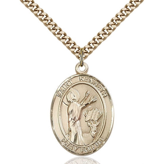 Gold Filled St. Kenneth Pendant 1 x 3/4 inches with Heavy Curb Chain