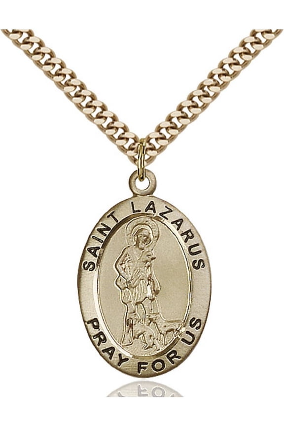 Gold Filled St. Lazarus Pendant 1 x 5/8 inches with Heavy Curb Chain