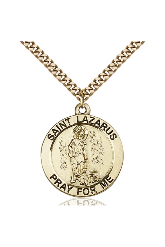 Gold Filled St. Lazarus Pendant 1 x 7/8 inches with Heavy Curb Chain