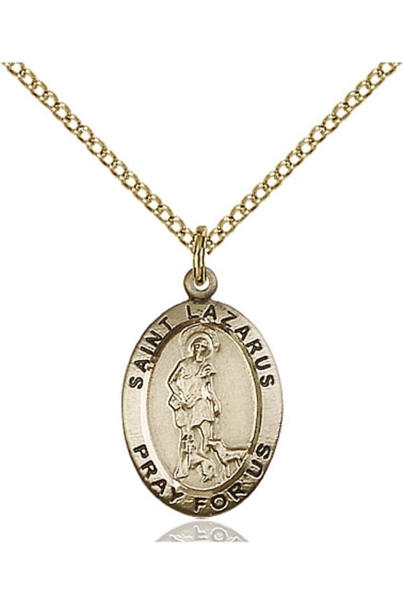 Gold Filled St. Lazarus Pendant 3/4 x 1/2 inches with Gold-Filled Lite Curb Chain