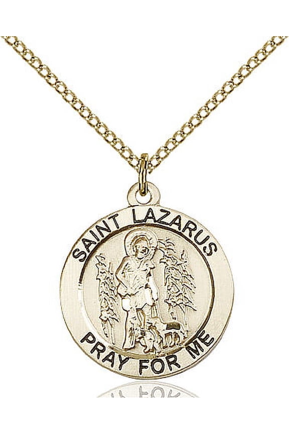 Gold Filled St. Lazarus Pendant 3/4 x 3/4 inches with Gold-Filled Lite Curb Chain