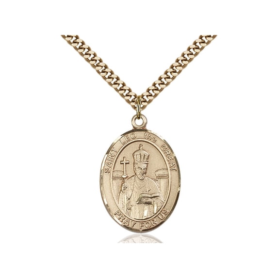 Gold Filled St. Leo the Great Pendant 1 x 3/4 inches with Heavy Curb Chain