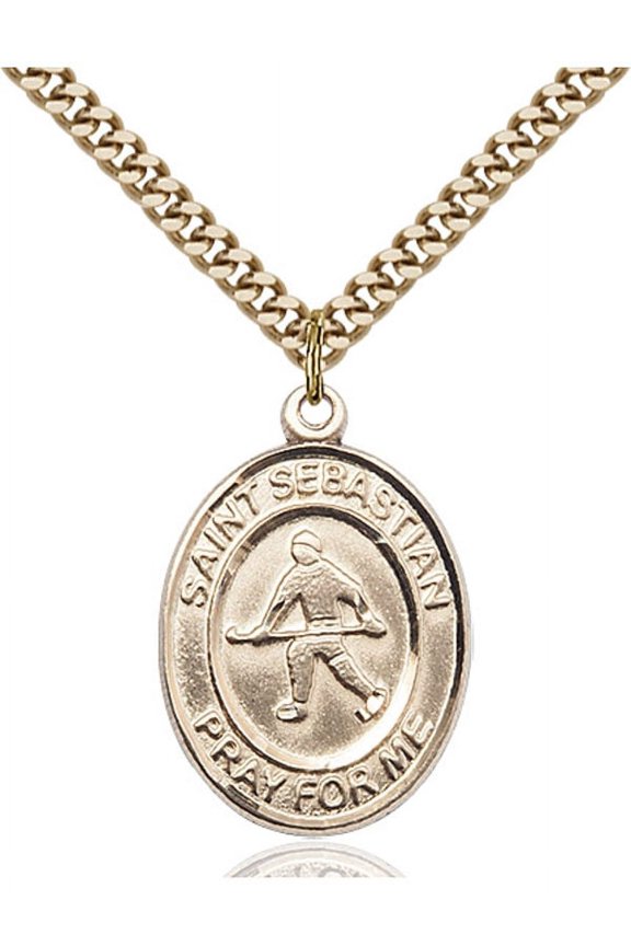 Gold Filled St. Sebastian/Field Hockey Pendant 1 x 3/4 inches with Heavy Curb Chain