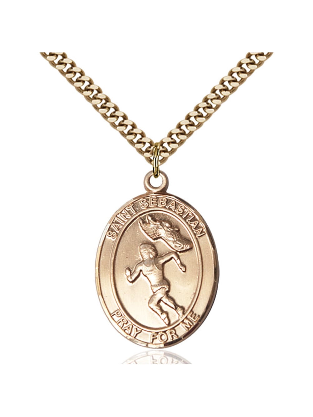 Gold Filled St. Sebastian / Track & Field Pendant 1 x 3/4 inches with Heavy Curb Chain